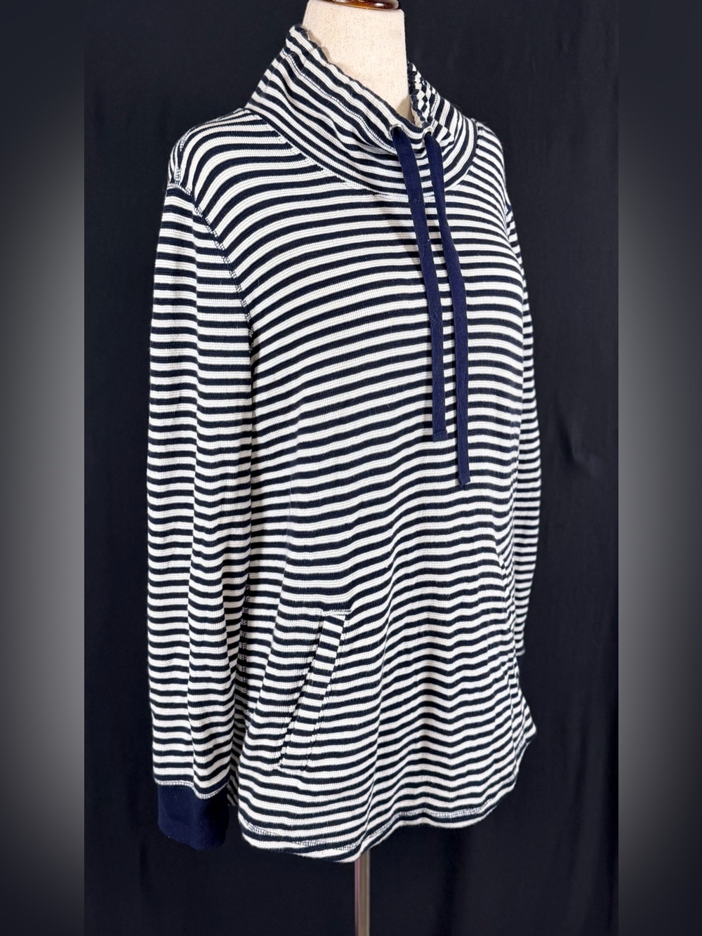 J Crew Striped Navy White Cowl Neck Pullover Sweater Front pocket knit cotton